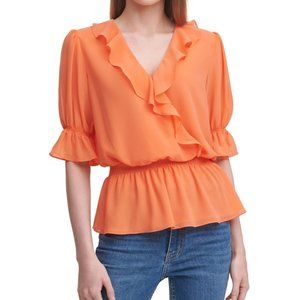 NWT CALVIN KLEIN Womens Orange Surplice Neckline Top XL